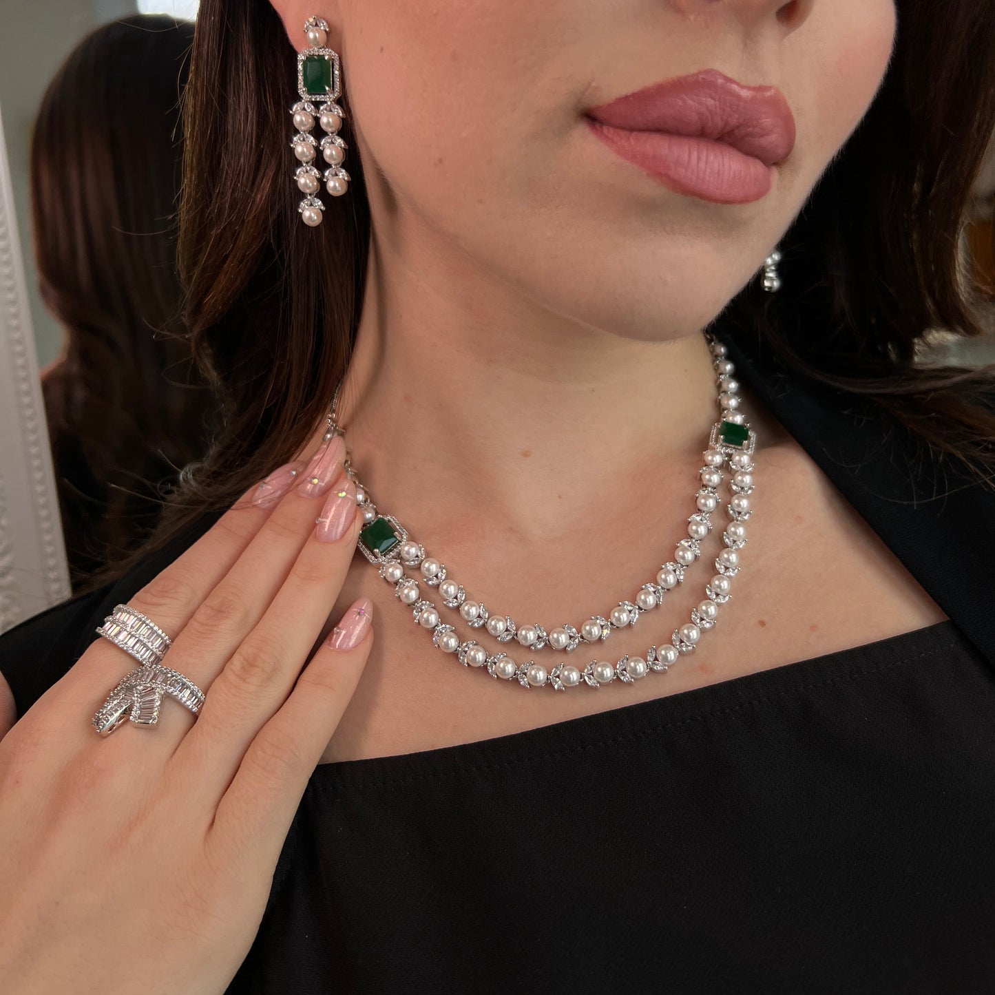 Emerald Pearl Cascade Necklace & Earrings Set