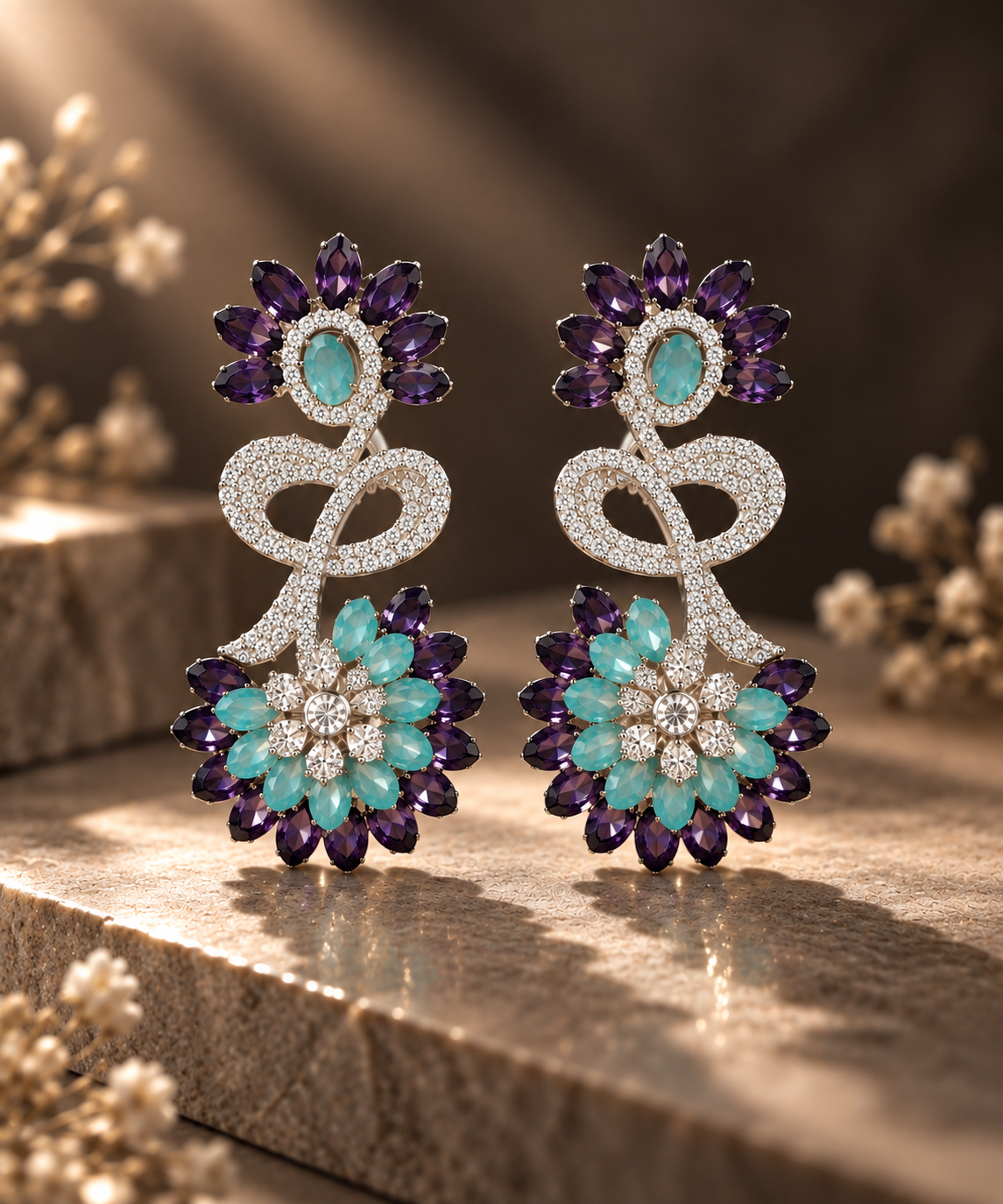 Aqua Amethyst Floral Statement Earrings