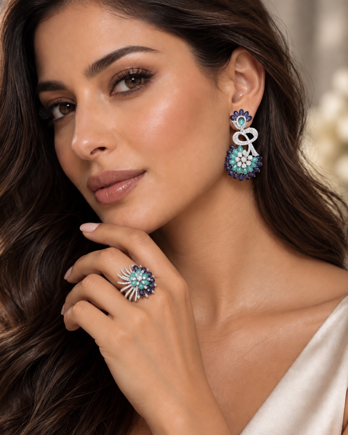 Aqua Amethyst Floral Statement Earrings