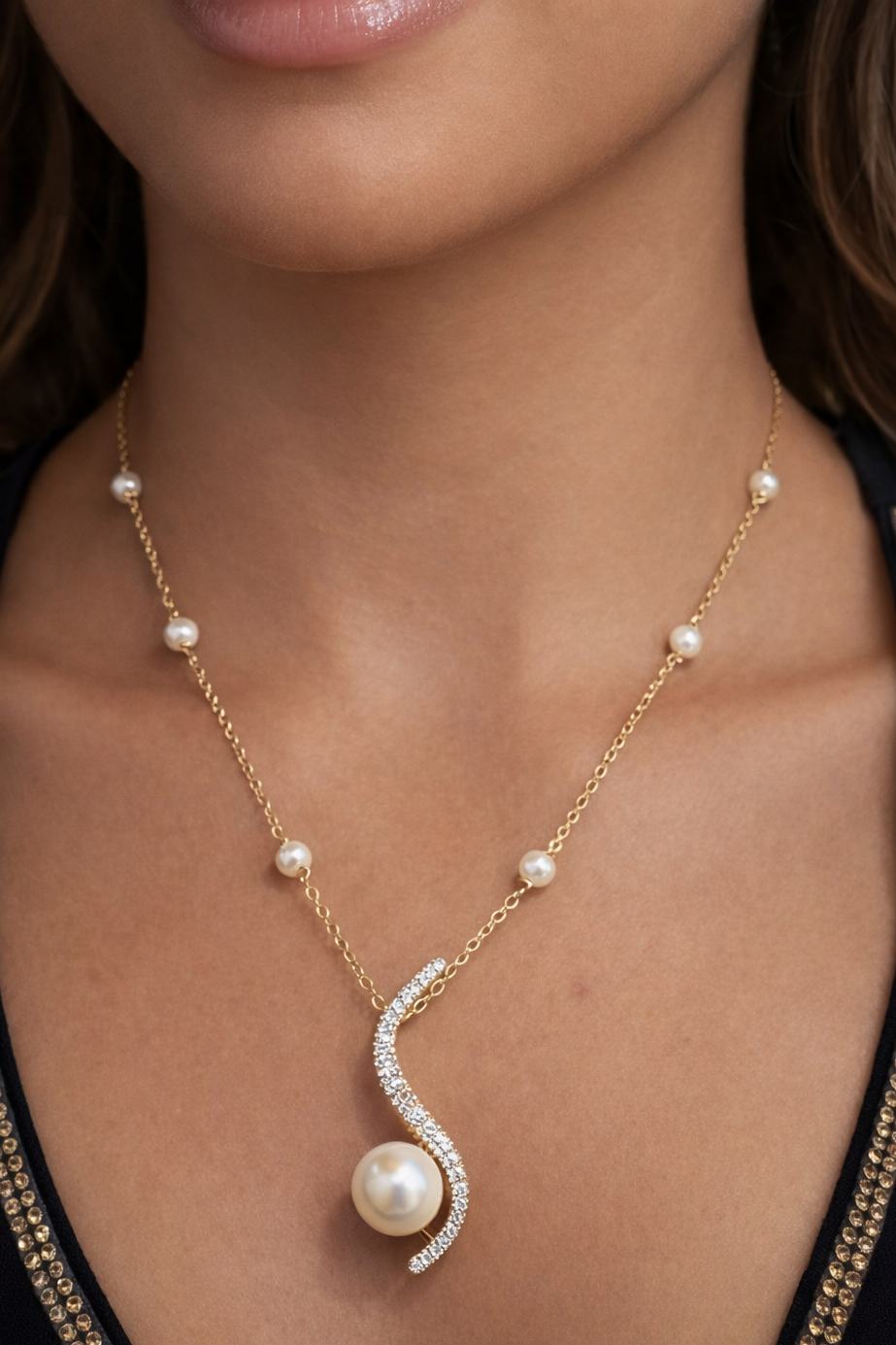 Pearl & Zircon Wave Pendant Necklace Set