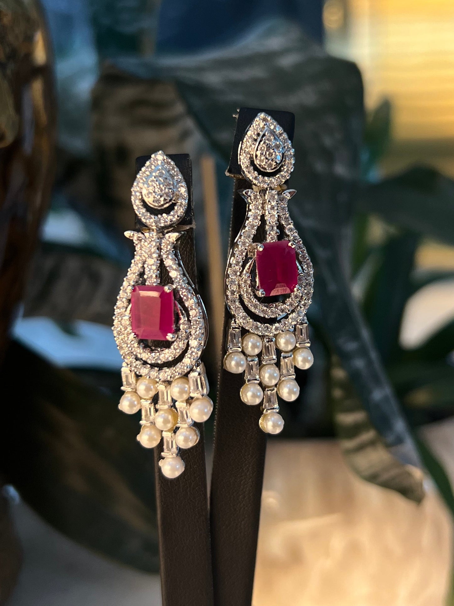 Ruby Zircon & Pearl Chandelier Jewelry Set
