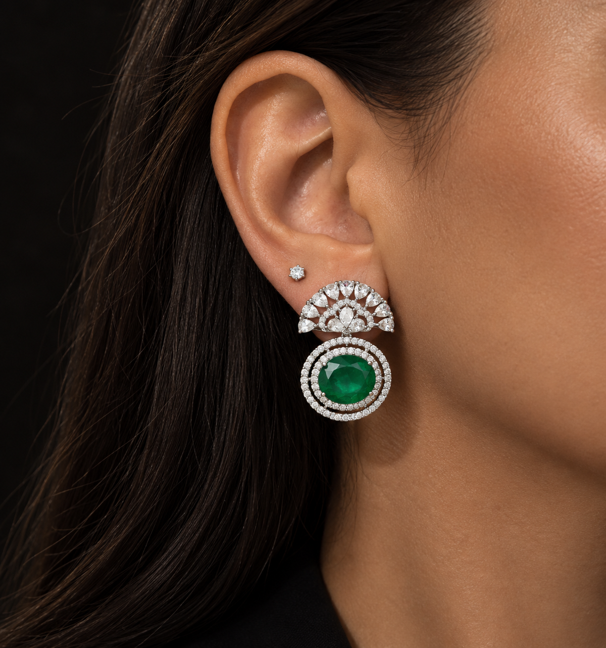 Elegant Emerald green Halo & Fan Drop Earrings