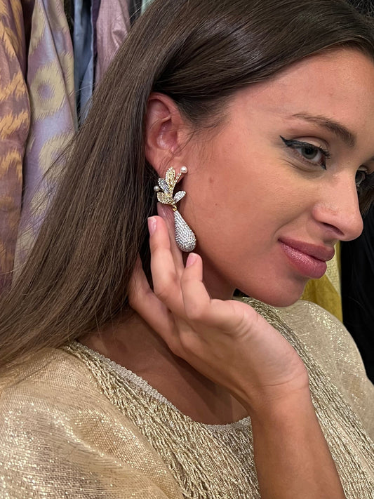 Royal Pearl Leaf gold Drop Earrings