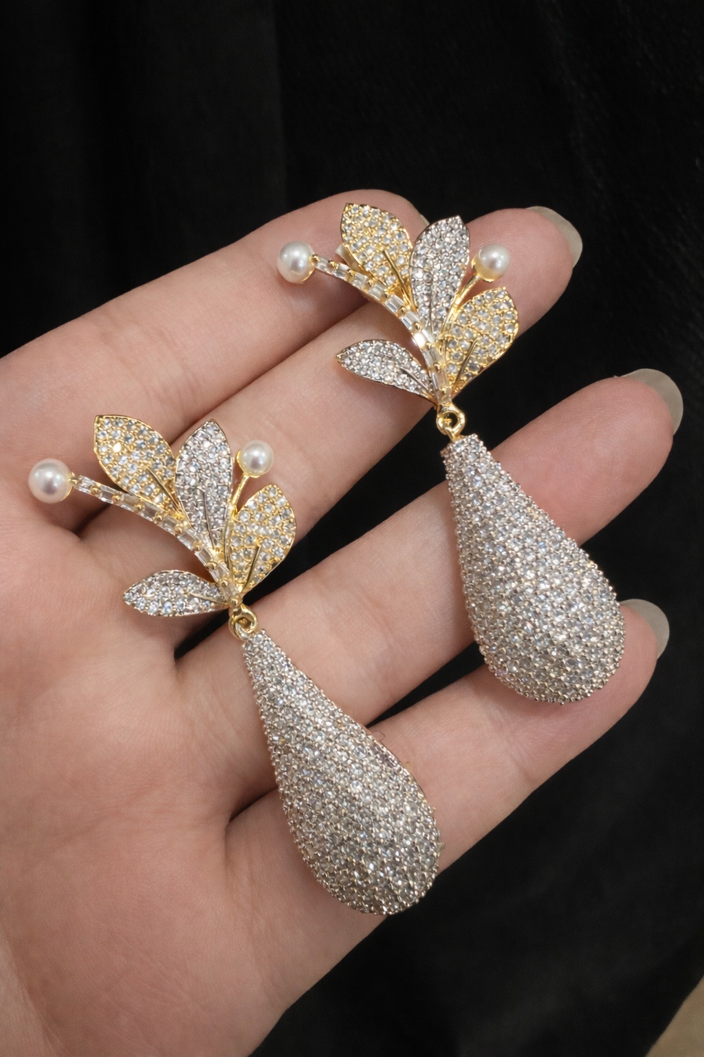 Royal Pearl Leaf gold Drop Earrings