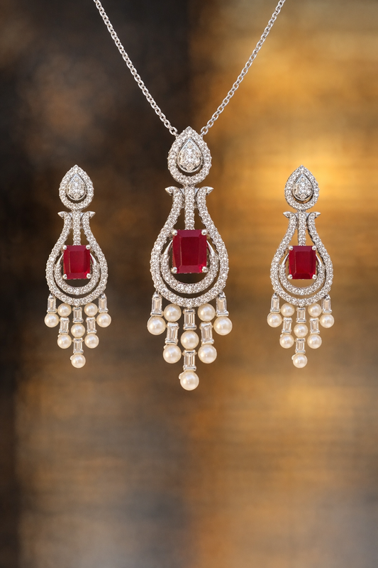Ruby Zircon & Pearl Chandelier Jewelry Set