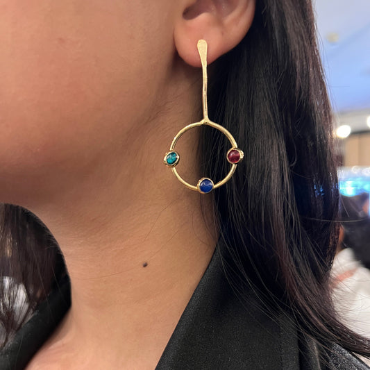 Trio Gem Circle Brass Earrings