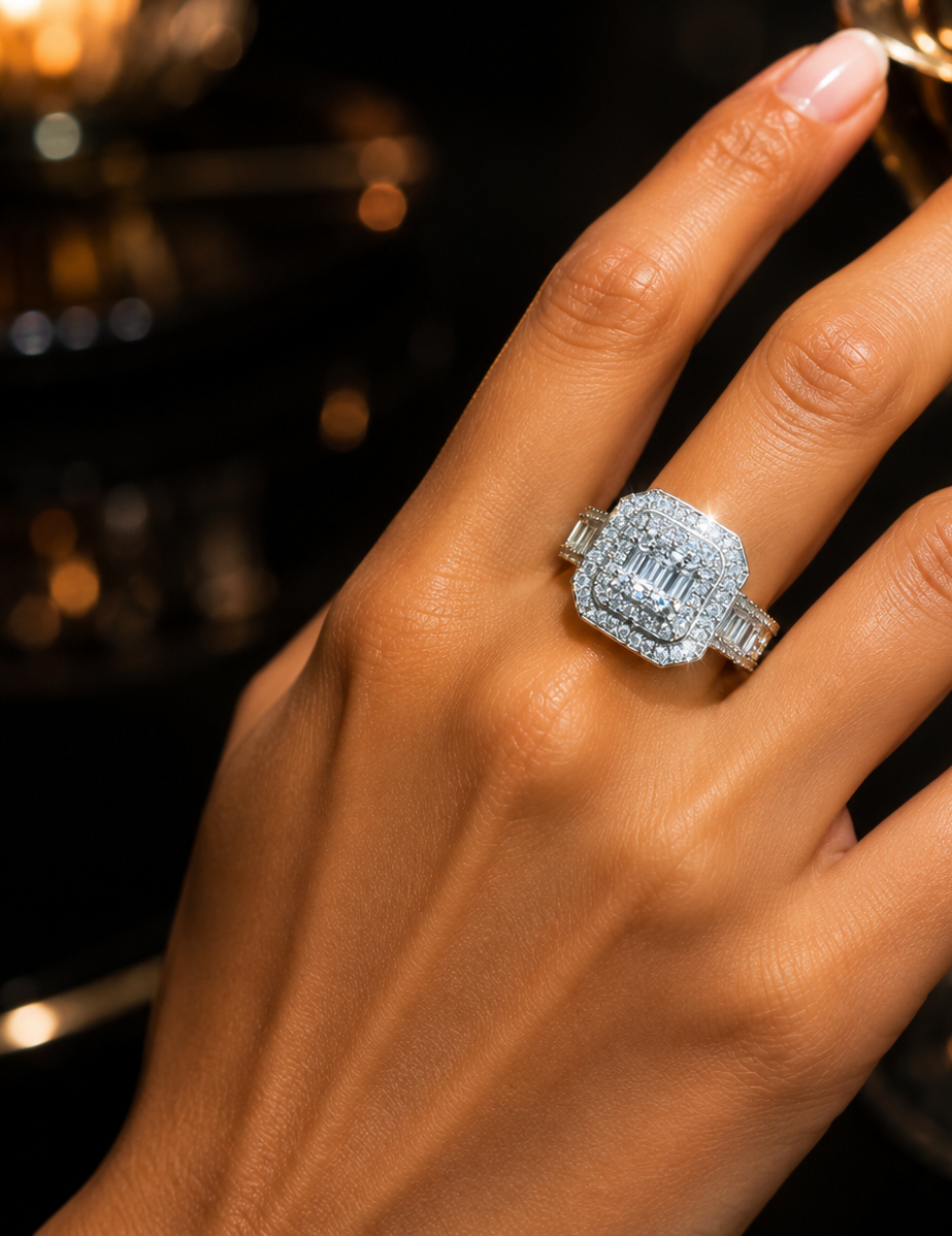Emerald with baguette Halo Statement Ring