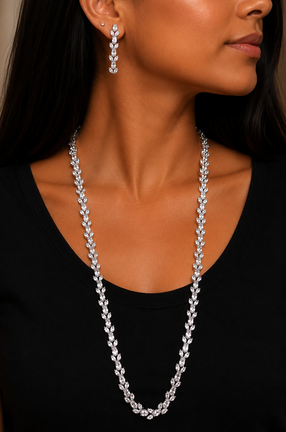 Marquise-Shaped Zircon Long Necklace & Earring Set