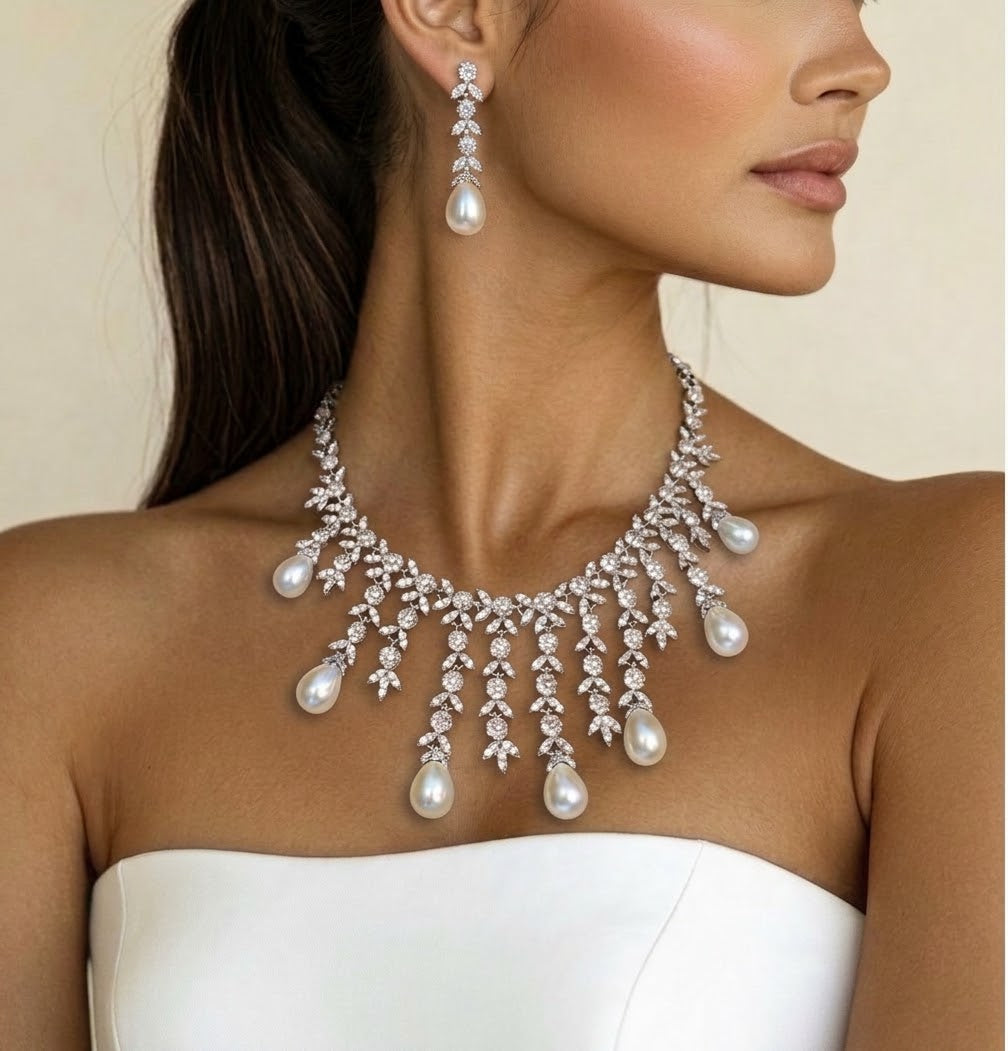 The Royal Cascading Pearl & Marquise Set (Necklace & Earrings)