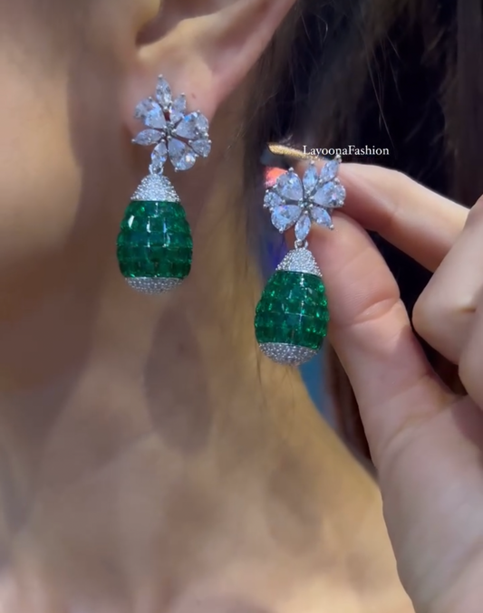 Emerald Drop Zircon Flower Statement Earrings