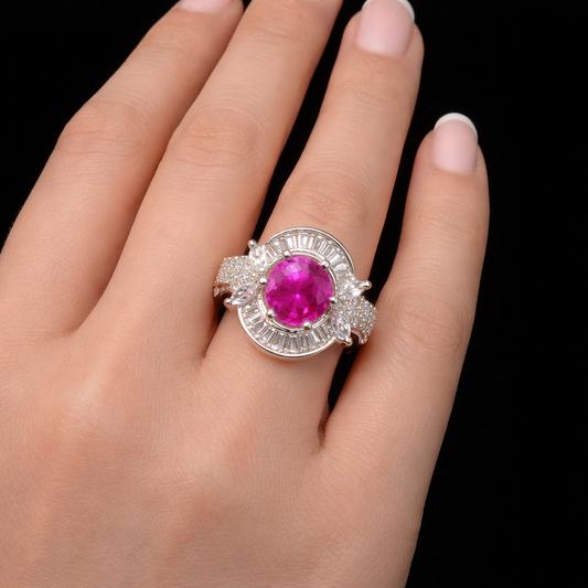 Fuchsia Halo Zircon Statement Ring