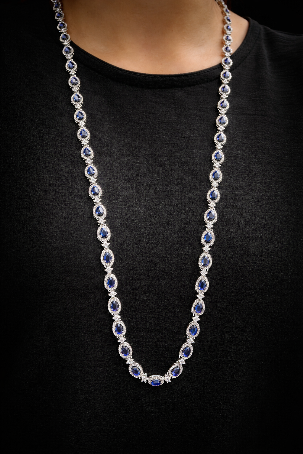 Sapphire Teardrop Long Necklace set with earrings