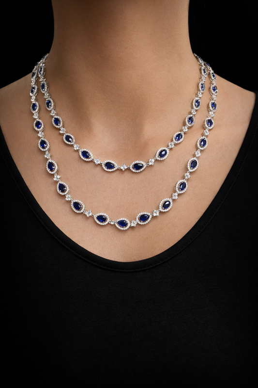 Sapphire Teardrop Long Necklace set with earrings