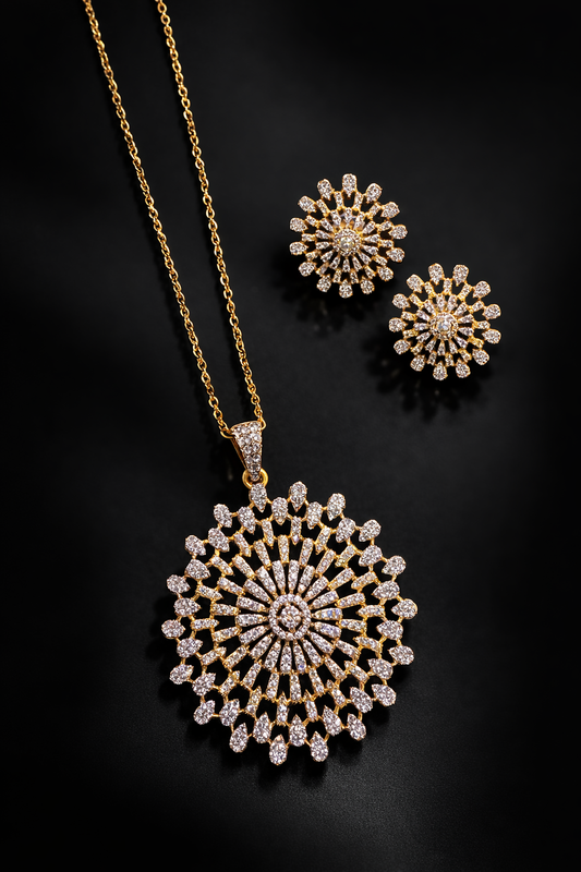 Large Round Sun Ray Pendant Necklace and earrings set