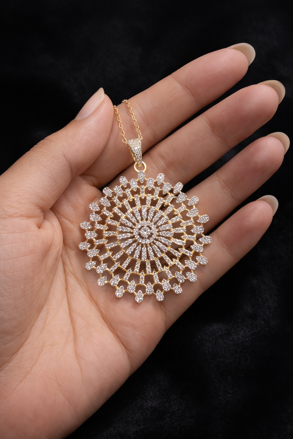 Large Round Sun Ray Pendant Necklace and earrings set
