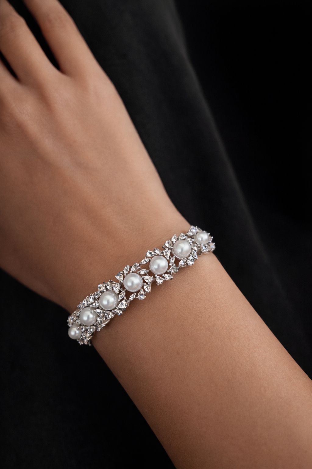 Pearl & Zircon Floral Bangle with Side Lock