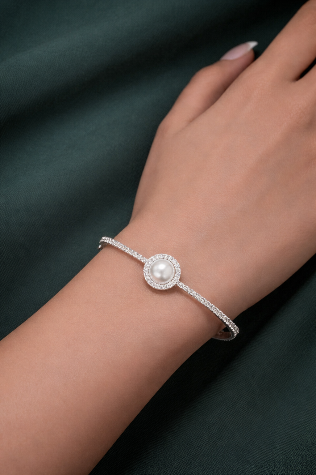 Pearl Halo Zircon Bangle with Side Lock
