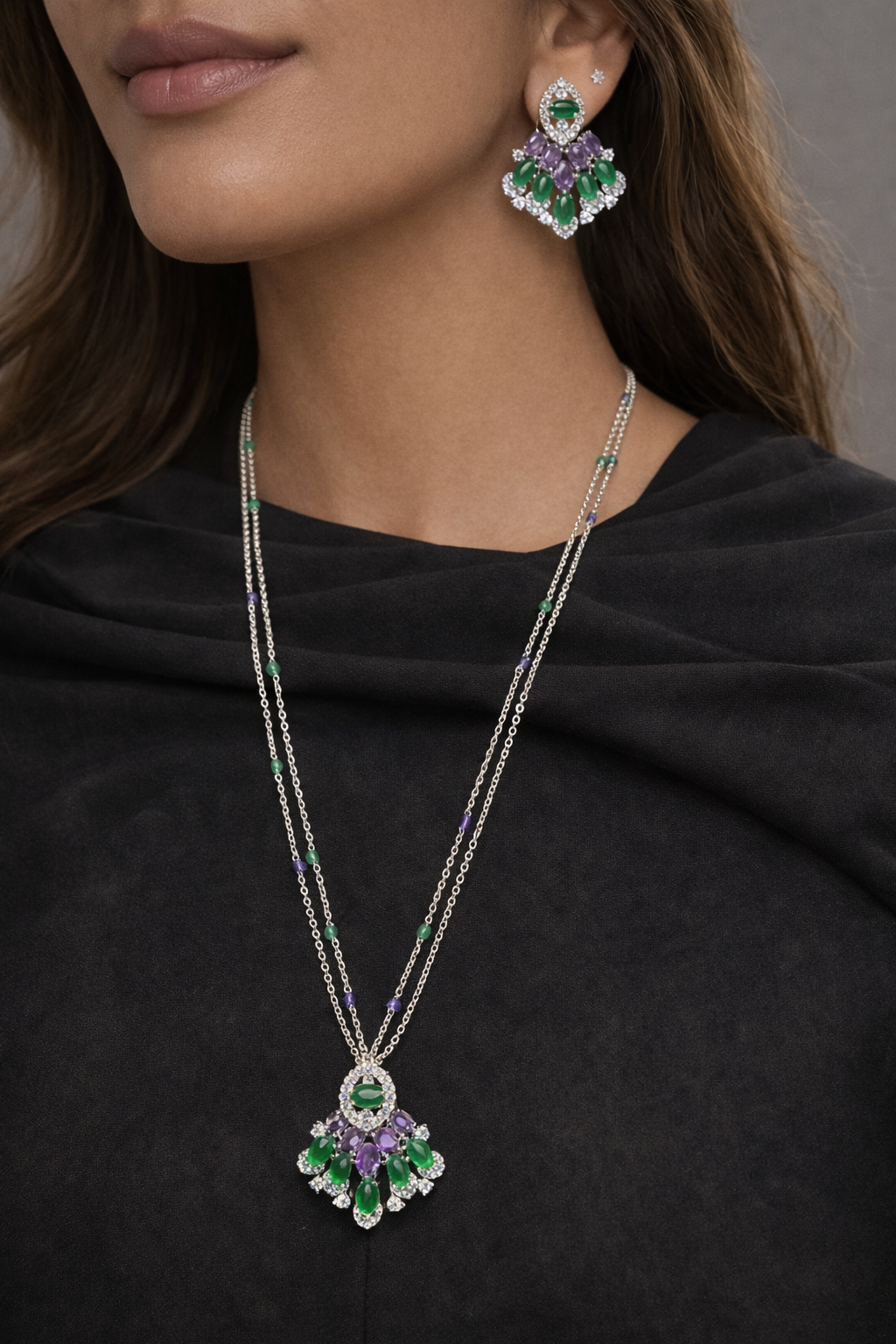 Emerald & Amethyst Statement Set(Necklace &Earrings)