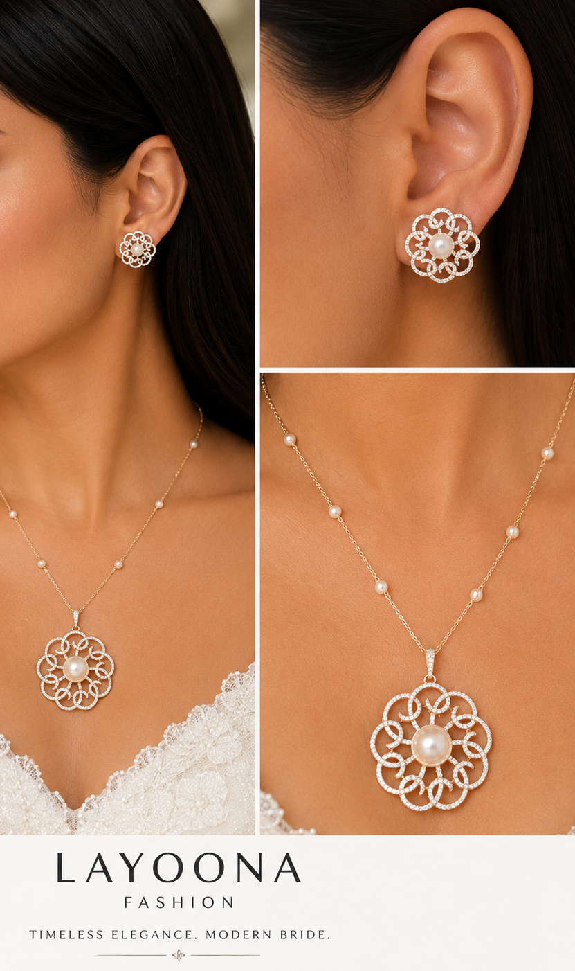 Pearl Floral Zircon Set – Necklace & Earrings